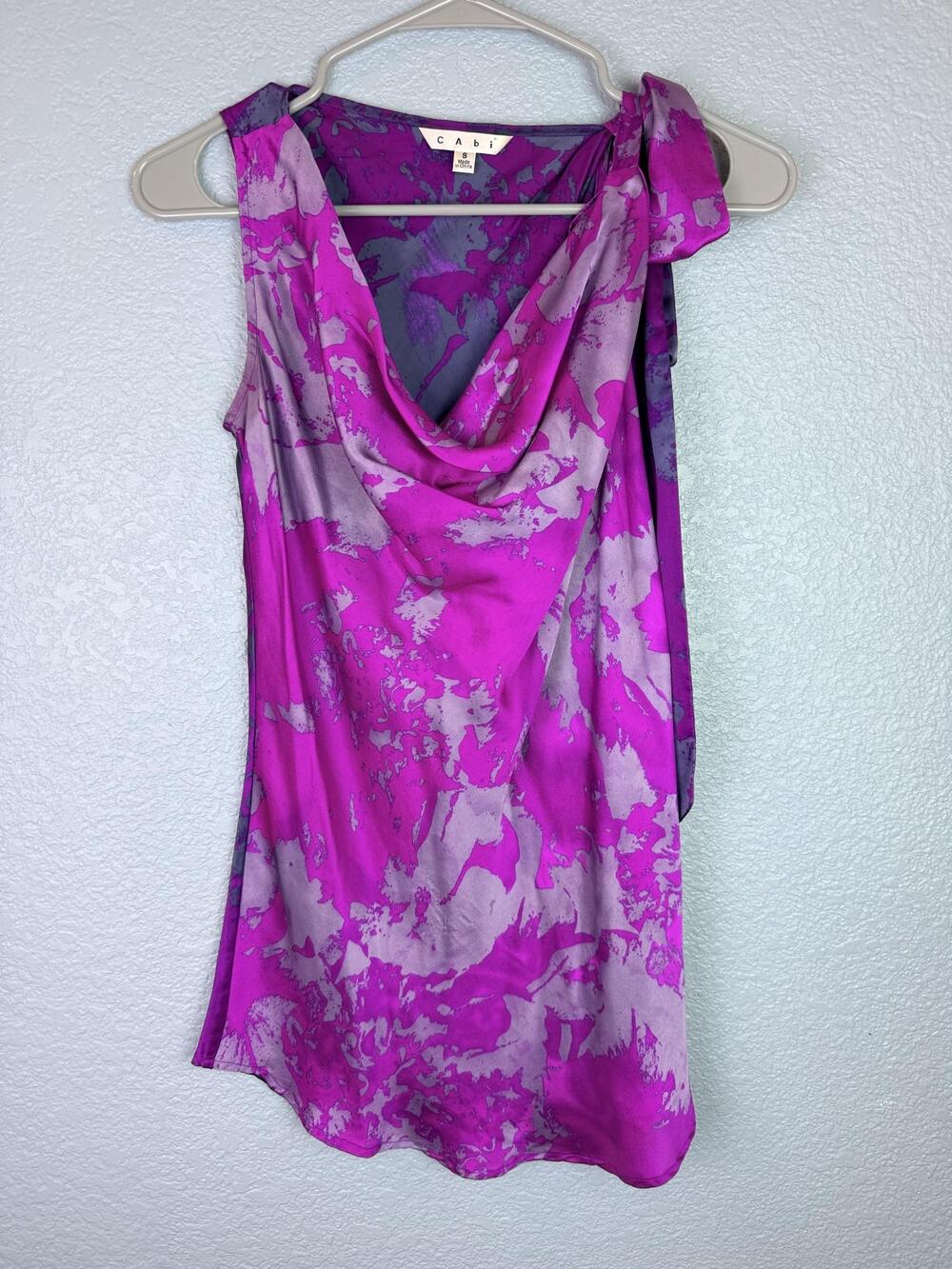 CAbi Blouse Womens Small Pink Floral Cowl Neck Bow Tunic Silk Sleeveless Top